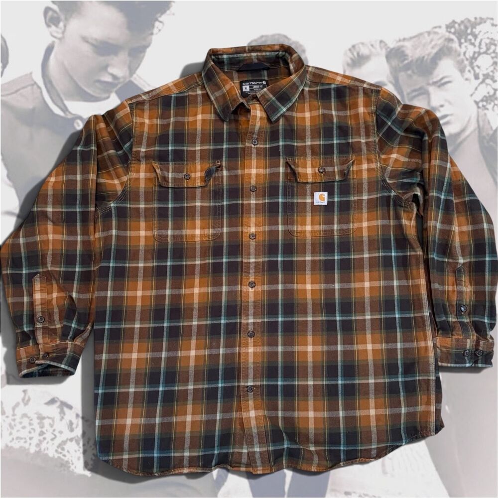 Carhartt Men’s XL Flannel Plaid Loose Fit Button-Up Shirt Pockets Brown/Black